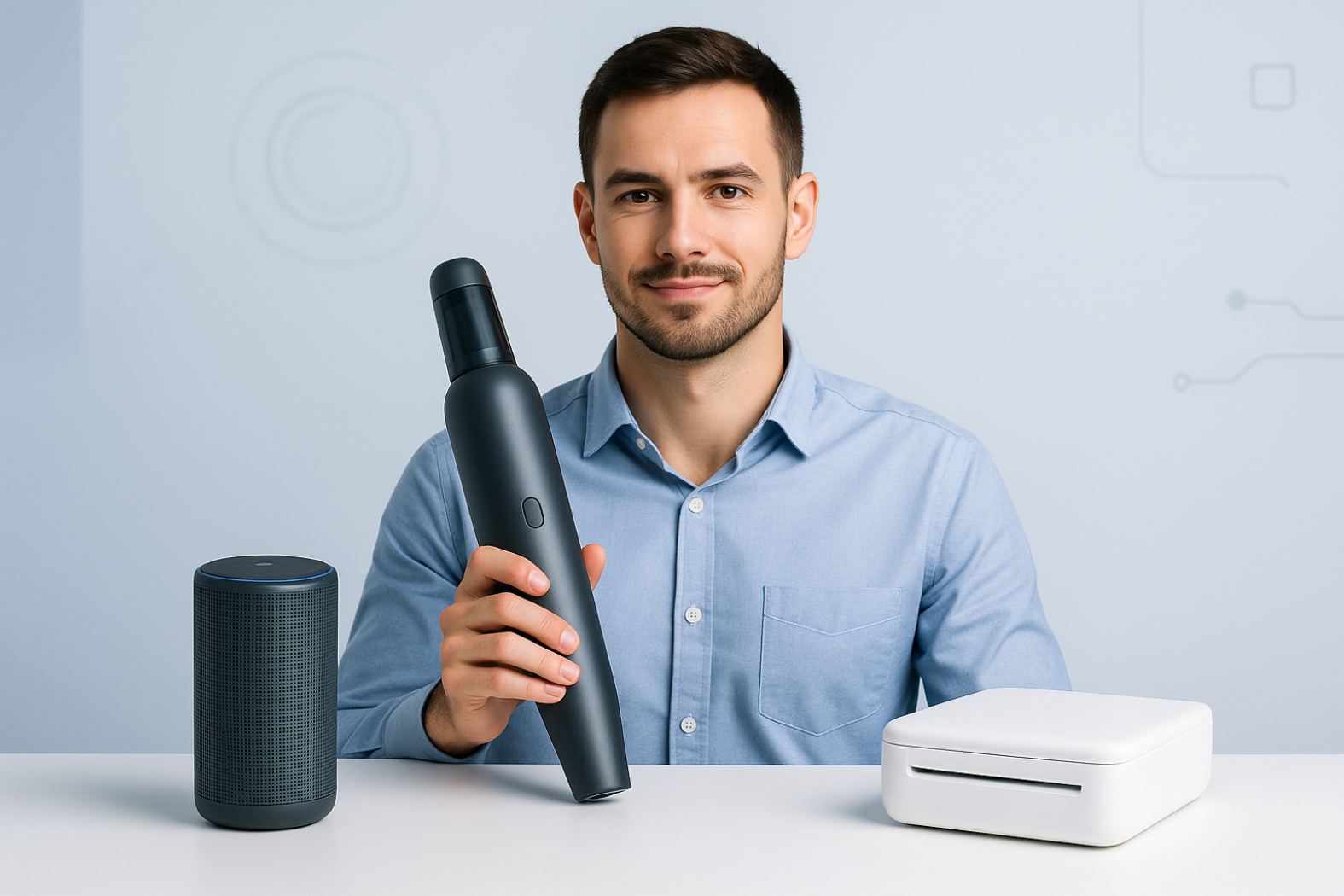 tech banner for dropshipping product, it will include a guyand some tech product vaccum, wireless speaker, mini portable printer